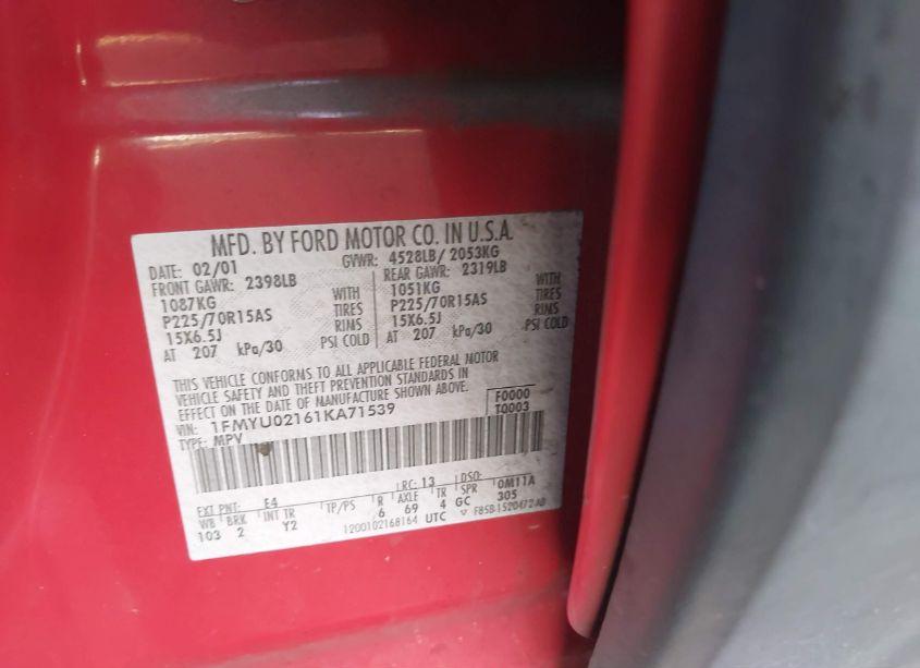 Photo 9 of 2001 Ford Escape XLS (VIN 1FMYU02161KA71539)