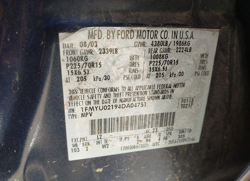 Photo 9 of 2004 Ford Escape XLS (VIN 1FMYU02194DA04751)