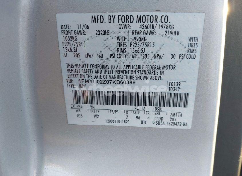Photo 9 of 2007 Ford Escape XLS/XLS MANUAL (VIN 1FMYU02Z07KB60389)