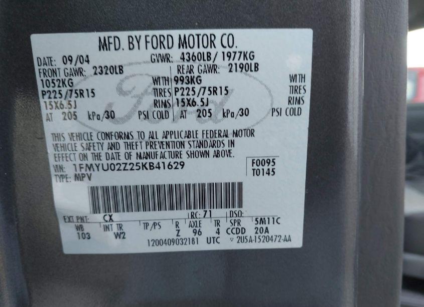 Photo 9 of 2005 Ford Escape XLS (VIN 1FMYU02Z25KB41629)