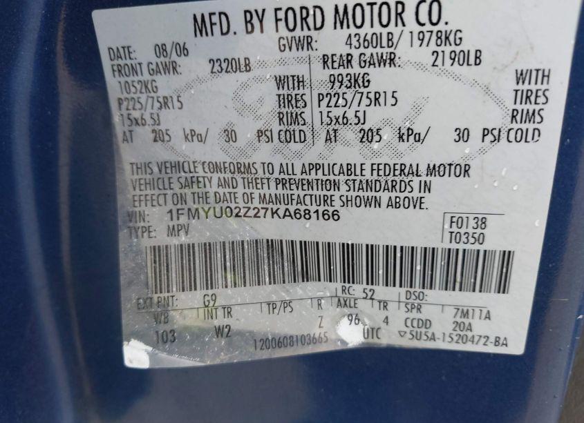 Photo 9 of 2007 Ford Escape XLS/XLS MANUAL (VIN 1FMYU02Z27KA68166)