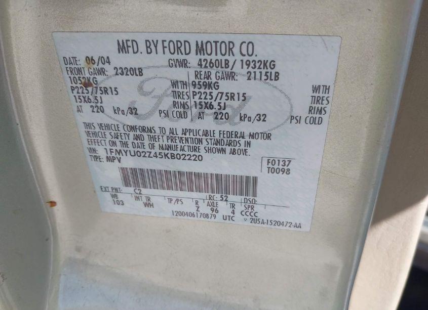 Photo 9 of 2005 Ford Escape XLS (VIN 1FMYU02Z45KB02220)