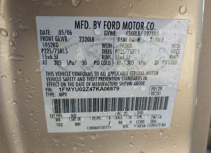 Photo 9 of 2007 Ford Escape XLS/XLS MANUAL (VIN 1FMYU02Z47KA06879)
