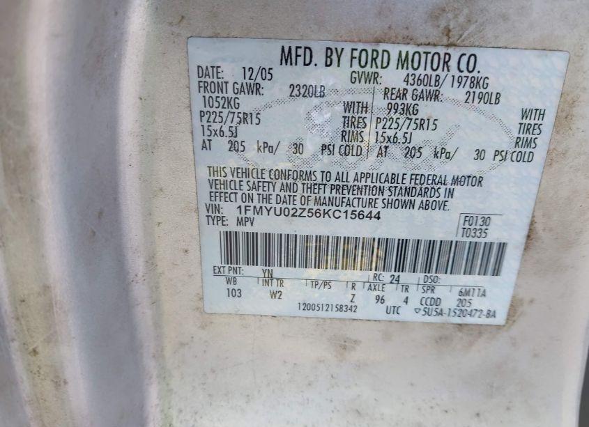 Photo 9 of 2006 Ford Escape XLS/XLS MANUAL (VIN 1FMYU02Z56KC15644)