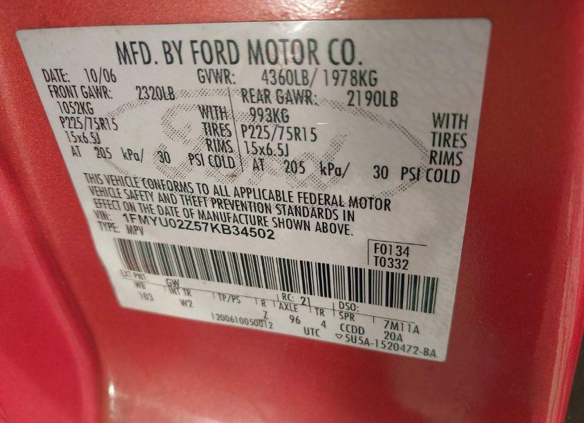 Photo 9 of 2007 Ford Escape XLS/XLS MANUAL (VIN 1FMYU02Z57KB34502)