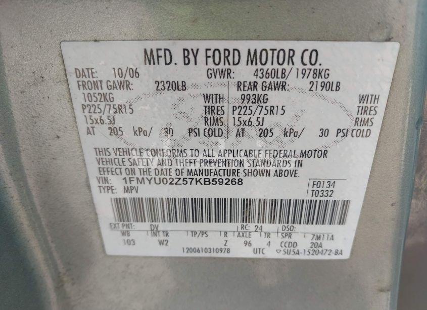 Photo 9 of 2007 Ford Escape XLS/XLS MANUAL (VIN 1FMYU02Z57KB59268)