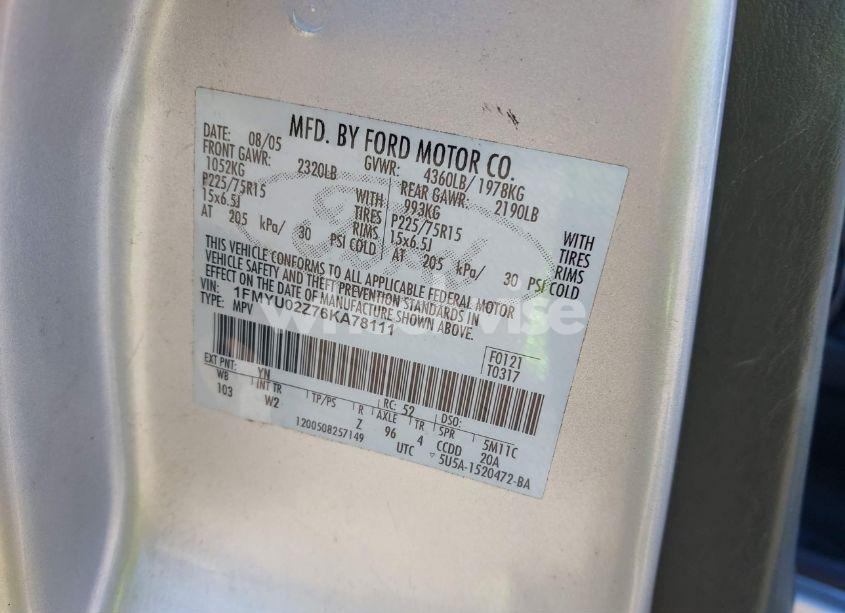 Photo 9 of 2006 Ford Escape XLS/XLS MANUAL (VIN 1FMYU02Z76KA78111)