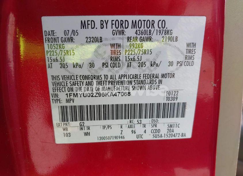 Photo 9 of 2006 Ford Escape XLS/XLS MANUAL (VIN 1FMYU02Z96KA47068)
