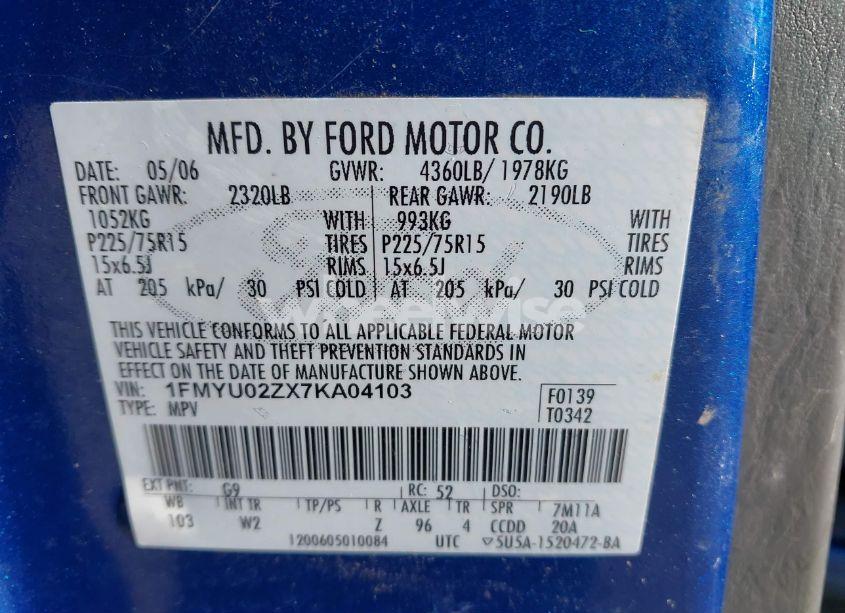 Photo 9 of 2007 Ford Escape XLS/XLS MANUAL (VIN 1FMYU02ZX7KA04103)