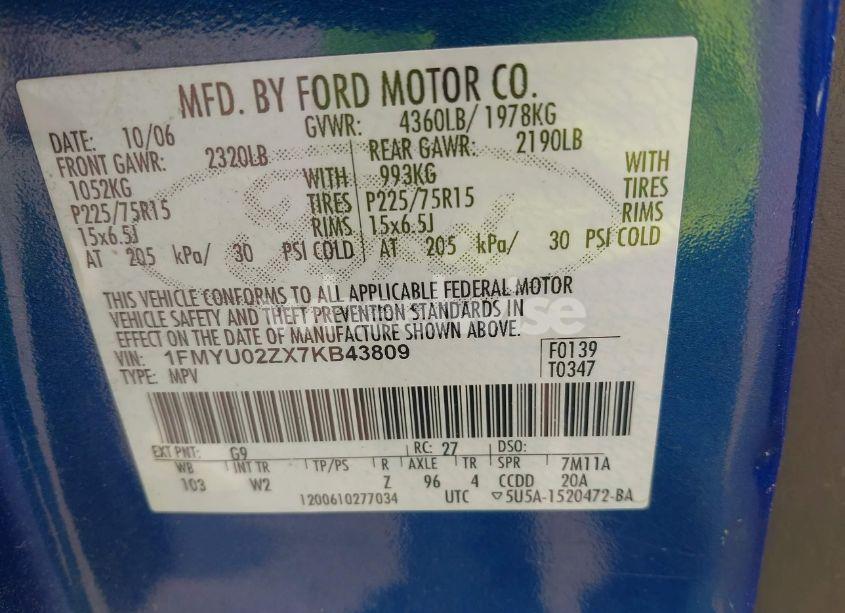 Photo 9 of 2007 Ford Escape XLS/XLS MANUAL (VIN 1FMYU02ZX7KB43809)