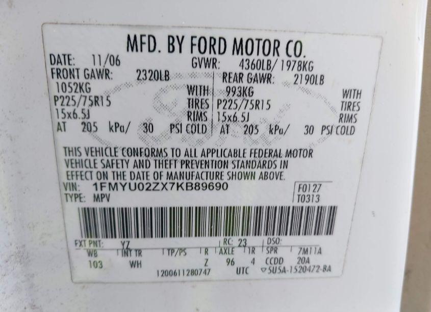 Photo 9 of 2007 Ford Escape XLS/XLS MANUAL (VIN 1FMYU02ZX7KB89690)