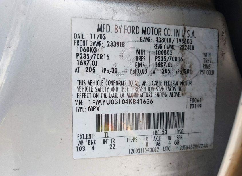 Photo 9 of 2004 Ford Escape XLT (VIN 1FMYU03104KB41636)