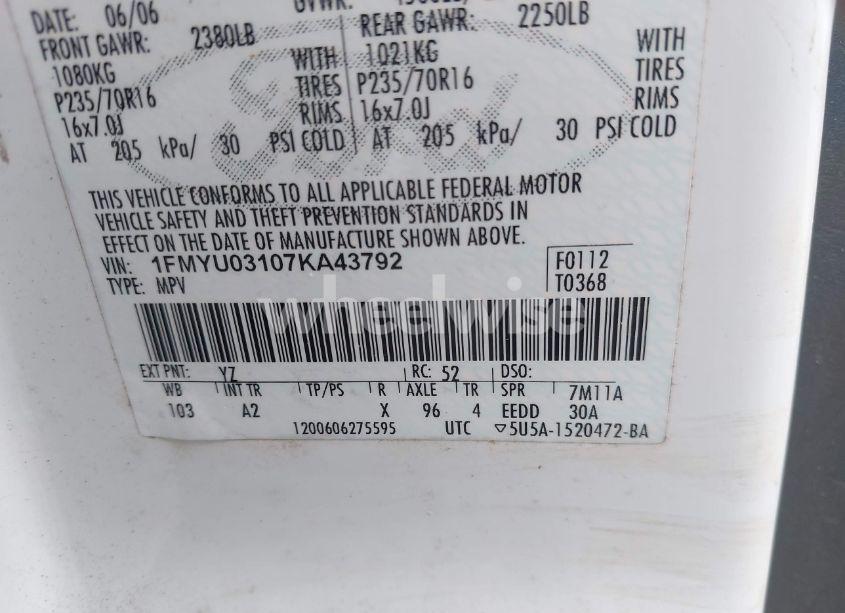 Photo 9 of 2007 Ford Escape XLT/XLT SPORT (VIN 1FMYU03107KA43792)