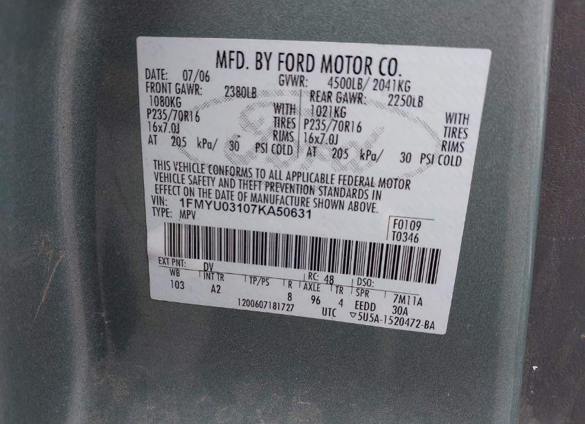 Photo 9 of 2007 Ford Escape XLT/XLT SPORT (VIN 1FMYU03107KA50631)