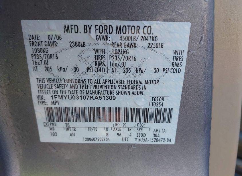 Photo 9 of 2007 Ford Escape XLT/XLT SPORT (VIN 1FMYU03107KA51309)