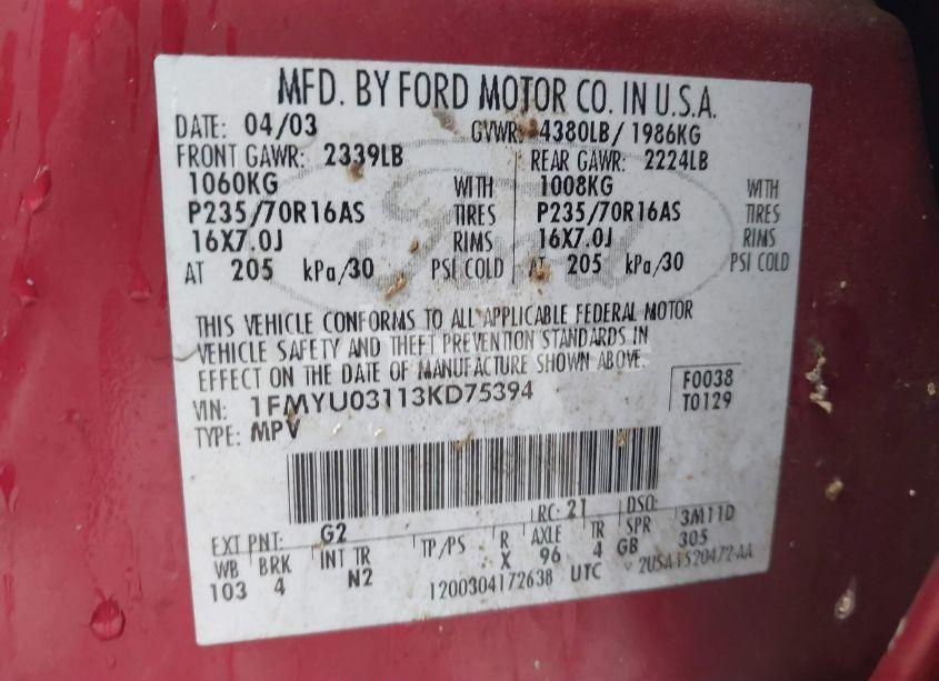 Photo 9 of 2003 Ford Escape XLT (VIN 1FMYU03113KD75394)