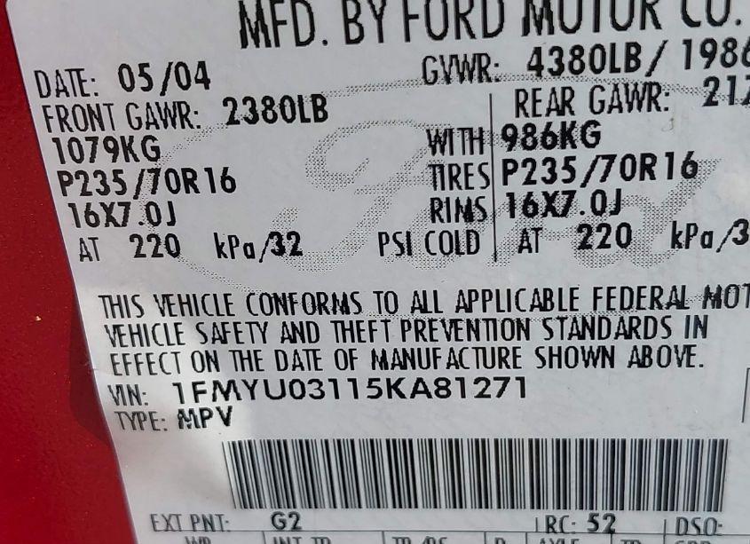 Photo 9 of 2005 Ford Escape XLT (VIN 1FMYU03115KA81271)