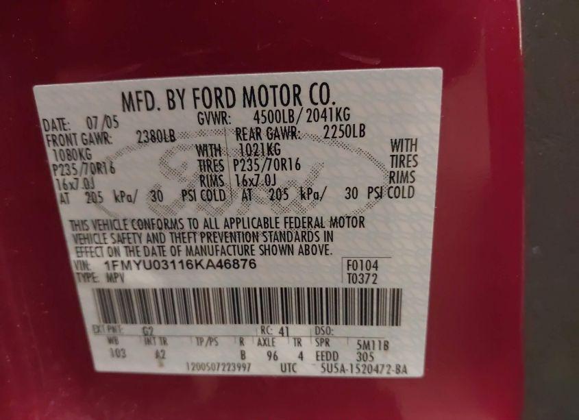 Photo 9 of 2006 Ford Escape XLT/XLT SPORT (VIN 1FMYU03116KA46876)
