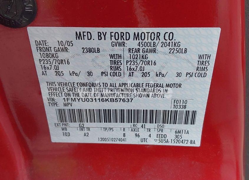 Photo 9 of 2006 Ford Escape XLT/XLT SPORT (VIN 1FMYU03116KB57637)