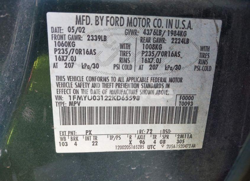 Photo 9 of 2002 Ford Escape XLT (VIN 1FMYU03122KD65598)