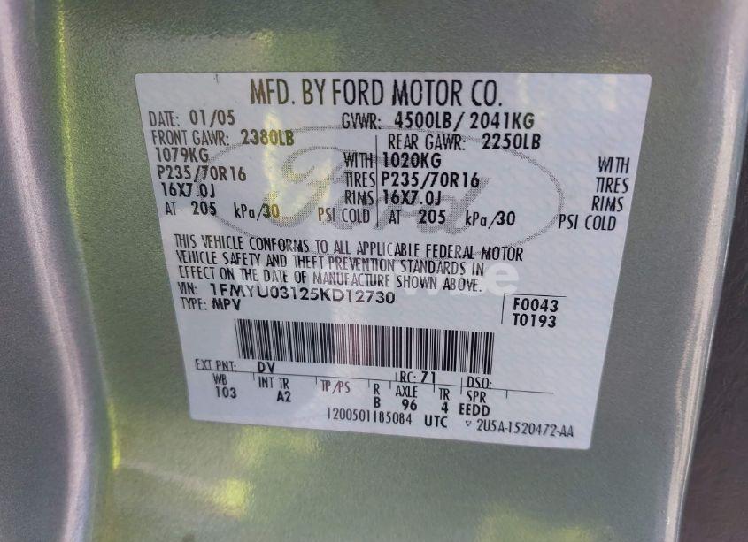 Photo 9 of 2005 Ford Escape XLT (VIN 1FMYU03125KD12730)