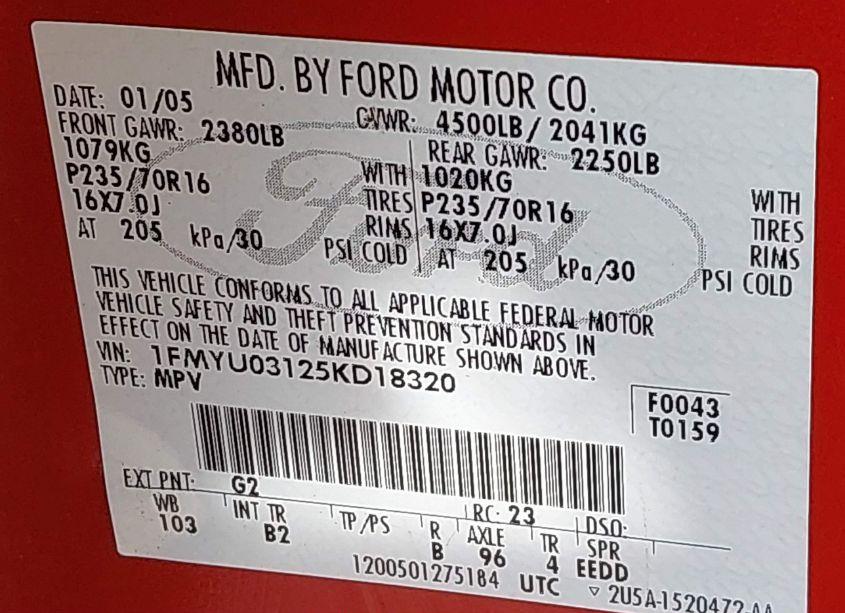 Photo 8 of 2005 Ford Escape XLT (VIN 1FMYU03125KD18320)