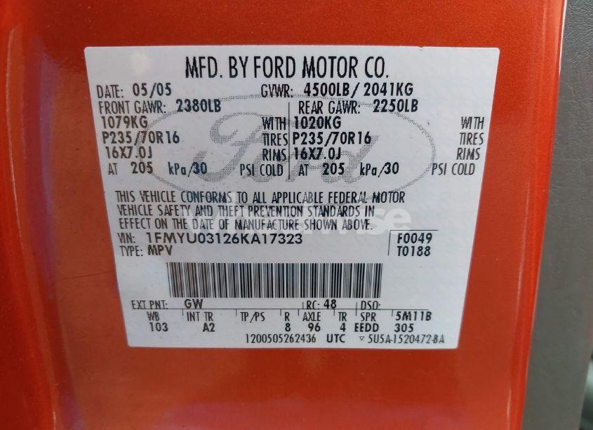 Photo 9 of 2006 Ford Escape XLT/XLT SPORT (VIN 1FMYU03126KA17323)