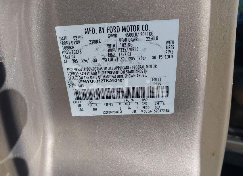 Photo 9 of 2007 Ford Escape XLT/XLT SPORT (VIN 1FMYU03127KA93481)