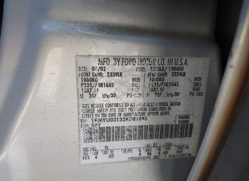 Photo 9 of 2002 Ford Escape XLT (VIN 1FMYU03132KD81096)