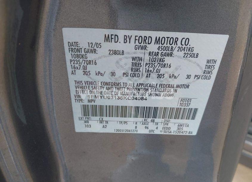 Photo 9 of 2006 Ford Escape XLT/XLT SPORT (VIN 1FMYU03136KC04084)