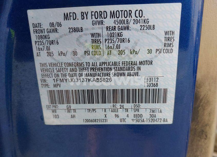 Photo 9 of 2007 Ford Escape XLT/XLT SPORT (VIN 1FMYU03137KA85826)