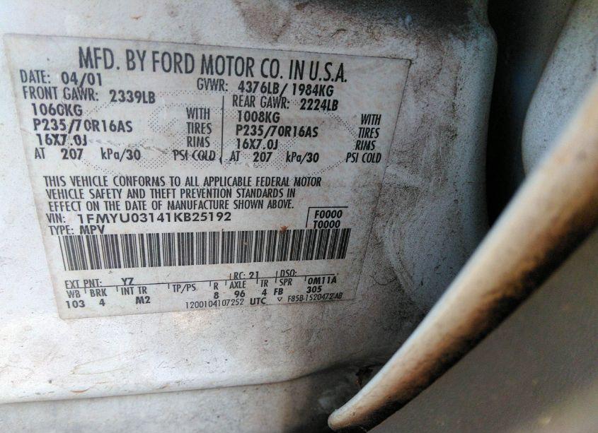 Photo 9 of 2001 Ford Escape XLT (VIN 1FMYU03141KB25192)