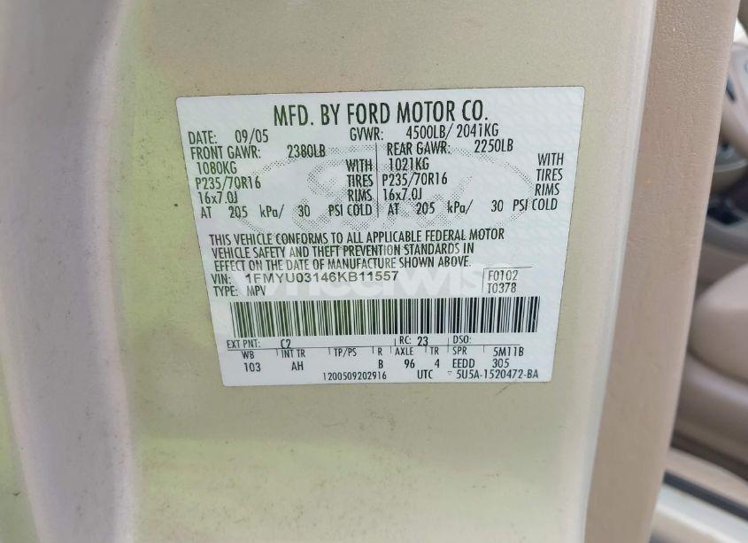 Photo 9 of 2006 Ford Escape XLT/XLT SPORT (VIN 1FMYU03146KB11557)