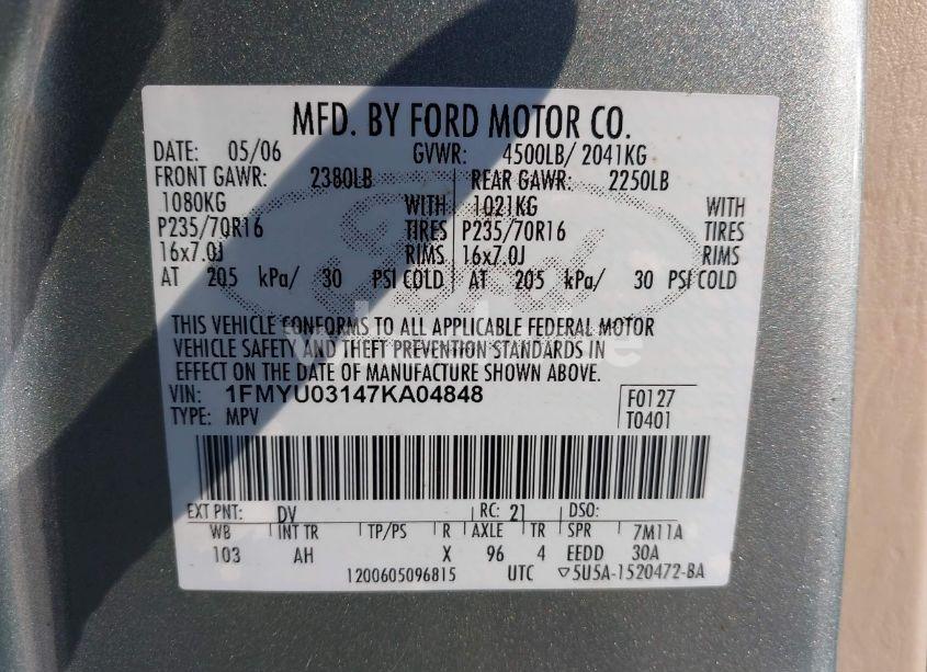 Photo 9 of 2007 Ford Escape XLT/XLT SPORT (VIN 1FMYU03147KA04848)