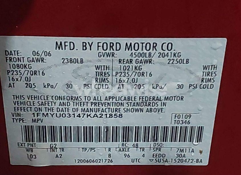 Photo 9 of 2007 Ford Escape XLT/XLT SPORT (VIN 1FMYU03147KA21858)