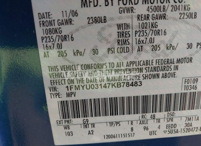 Photo 9 of 2007 Ford Escape XLT/XLT SPORT (VIN 1FMYU03147KB78483)