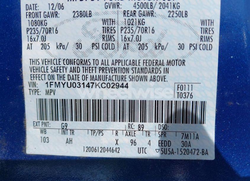 Photo 9 of 2007 Ford Escape XLT/XLT SPORT (VIN 1FMYU03147KC02944)