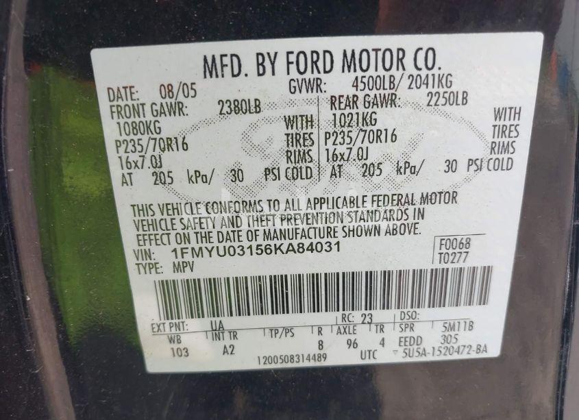 Photo 9 of 2006 Ford Escape XLT/XLT SPORT (VIN 1FMYU03156KA84031)