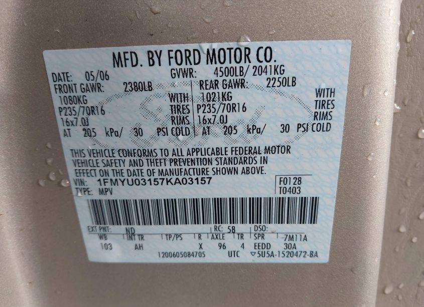 Photo 9 of 2007 Ford Escape XLT/XLT SPORT (VIN 1FMYU03157KA03157)