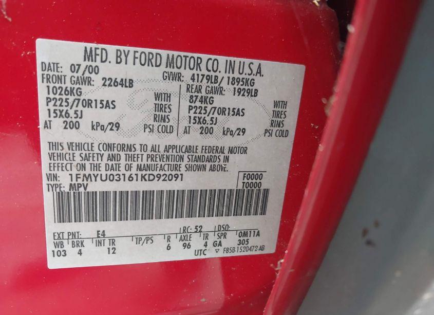 Photo 9 of 2001 Ford Escape XLT (VIN 1FMYU03161KD92091)