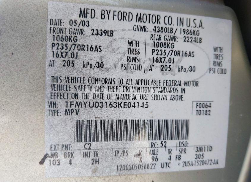 Photo 9 of 2003 Ford Escape XLT (VIN 1FMYU03163KE04145)