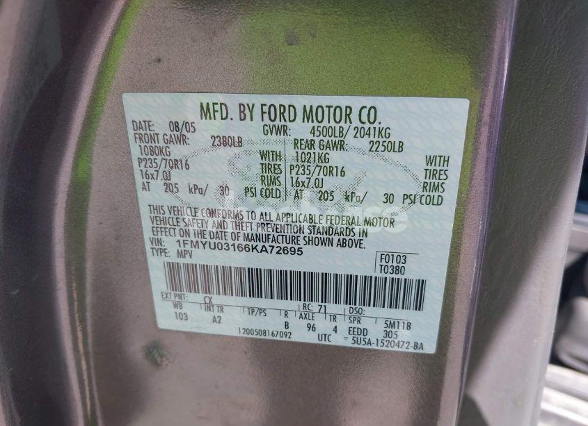 Photo 9 of 2006 Ford Escape XLT/XLT SPORT (VIN 1FMYU03166KA72695)