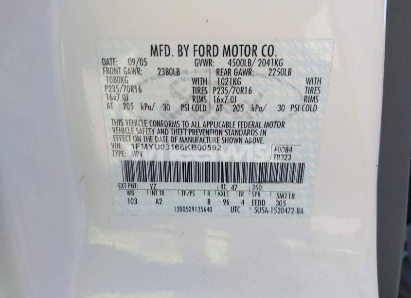 Photo 9 of 2006 Ford Escape XLT/XLT SPORT (VIN 1FMYU03166KB00592)