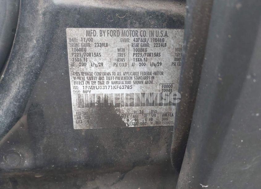 Photo 9 of 2001 Ford Escape XLT (VIN 1FMYU03171KF63785)