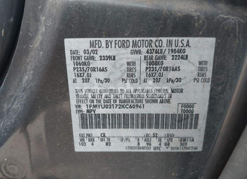 Photo 9 of 2002 Ford Escape XLT (VIN 1FMYU03172KC60961)