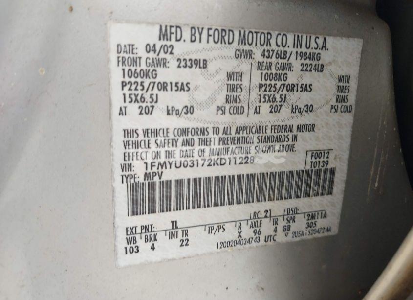 Photo 9 of 2002 Ford Escape XLT (VIN 1FMYU03172KD11228)