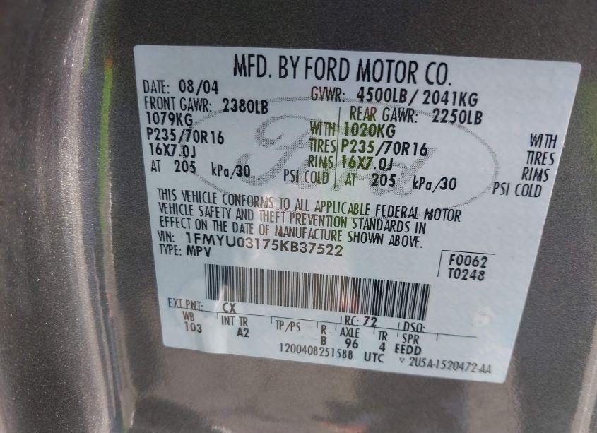 Photo 9 of 2005 Ford Escape XLT (VIN 1FMYU03175KB37522)