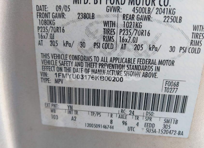 Photo 9 of 2006 Ford Escape XLT/XLT SPORT (VIN 1FMYU03176KB00200)