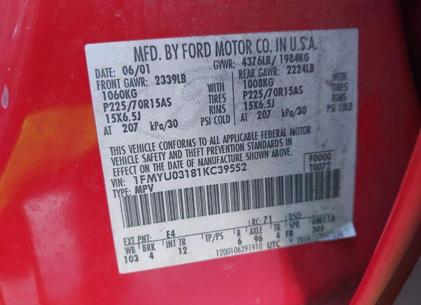 Photo 9 of 2001 Ford Escape XLT (VIN 1FMYU03181KC39552)