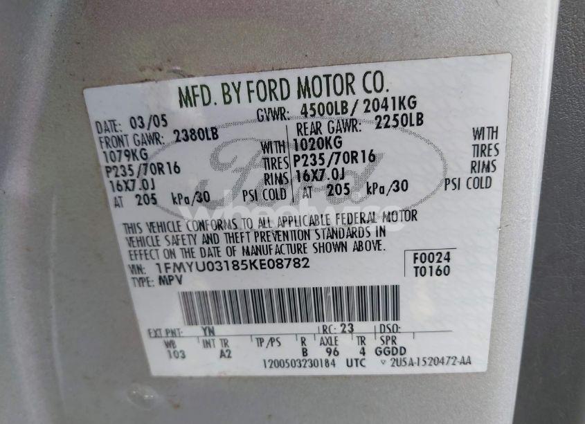 Photo 9 of 2005 Ford Escape XLT (VIN 1FMYU03185KE08782)